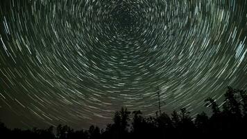 Time lapse of Star trails in the night sky. Stars move around a polar star. 4K video
