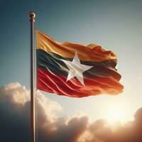 ai generado ondulación bandera de myanmar en asta de bandera con cielo antecedentes foto