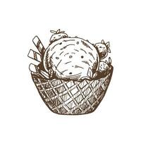 A hand-drawn sketch of a waffle basket with frozen yogurt or soft ice cream with waffle tubes and strawberry. Vintage illustration. Element for the design of labels, packaging and postcards. vector