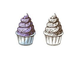 A hand-drawn colored and monochrome sketch of frozen yogurt or soft ice cream, cupcake in a cup. Vintage illustration. Element for the design of labels, packaging and postcards. vector