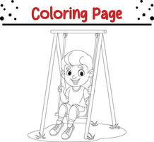 Cute boy playing swing park coloring book page vector