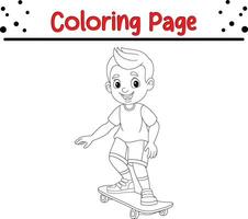 happy little boy skateboarding coloring book page vector