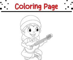 Cute boy playing guitar coloring page vector