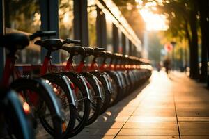 AI generated Row of electric bikes parking in the city. Generative AI. photo