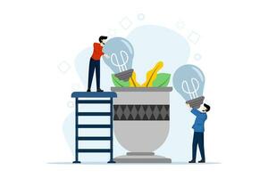 concept of business and teamwork, looking for new solutions, generating and generating ideas, solving problems by replacing broken light bulbs. replacing old ideas with new ideas. vector illustration.