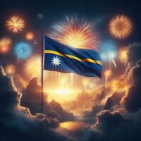 AI generated Nauru Flag with Fireworks and City Background photo