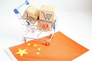 Online shopping, Shopping cart box on China flag, import export, finance commerce. photo