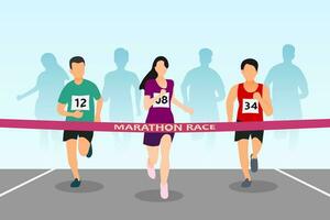 Marathon race illustration with people running and finish line. Front view. Vector illustration.