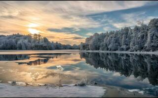 AI generated Arctic Elegance, A Majestic Winter Wonderland with a Frozen Lake and Enchanting Snow-Covered Trees photo