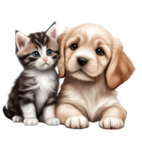 AI generated A close-up image of a cute little kitten and a puppy.   Ai-Generated. png