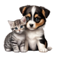 AI generated A close-up image of a cute little kitten and a puppy.   Ai-Generated. png