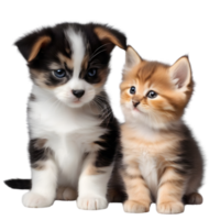 AI generated A close-up image of a cute little kitten and a puppy.   Ai-Generated. png