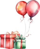 ai gegenereerd waterverf schilderij van Kerstmis cadeaus en ballonnen. ai-gegenereerd. png