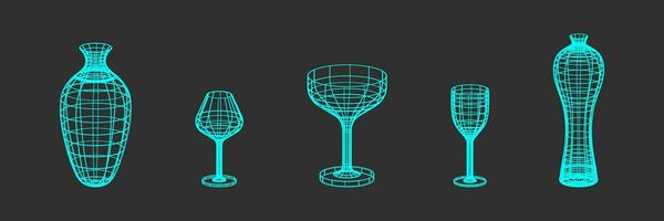 Set of glasses, bottle and vase made of wire frame shapes. Trendy turquoise color on dark background linear retro design elements. 3D. Y2k . Vector illustration for social media or posters.