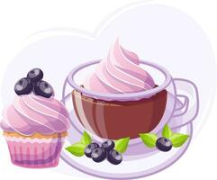 Blueberry muffin and mug with hot cocoa in cartoon style on purple background. Vector illustration for poster, banner, website, advertisement. Vector illustration with colorful sweet dessert.