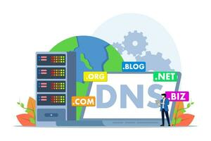 dominio nombre sistema concepto, DNS, sitio web dominio nombre, Internet o ciberespacio, dominio registro web página, elegir, encontrar, comprar, Registrarse sitio web dominio nombre, plano vector ilustración.