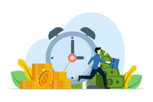 time is money concept. Lack of time or running out of time. short-term and long-term investments. Businessman walking between clock and dollar bills. flat vector illustration on white background.