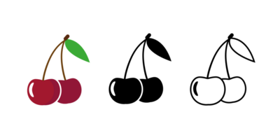 Two cherries with one leaf. Cherry line icon, outline glyph, linear pictogram isolated png