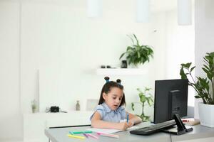 Little Girl Using Computer Concept, distance online learning photo