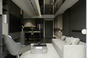el interior diseño de moderno vivo areas a lo largo con un ligero gris sofá, almohadas, sillón, y café mesa. foto