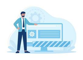 man points to website under construction concept flat illustration vector