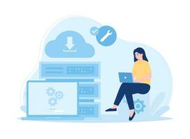 programmer with laptop working on code and big data. software development  data processing and analysis  data applications and management concept flat illustration vector