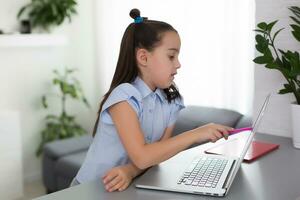 Pretty stylish schoolgirl studying homework math during her online lesson at home, social distance during quarantine, self-isolation, online education concept, home schooler photo