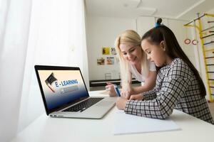 Digital composite of People using a computer with E-Learning information in the screen photo