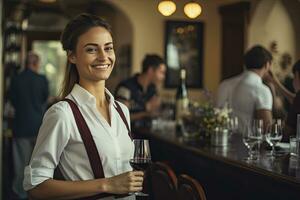 ai generado camarero servicio un Pareja en un restaurante foto