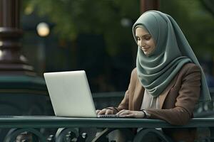 AI generated Cheerful Young Woman Smiling and Showcasing Her Hijab photo