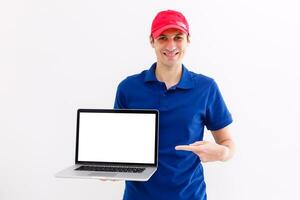 Laptop that is right for you. Handsome man hold laptop isolated on white. Professional laptop computer repairman or tech worker. Notebook and pc. New technology. Buy laptop computer, copy space. photo