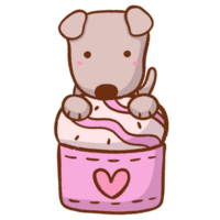 dibujos animados perro sentado en parte superior de un pastel con corazones png