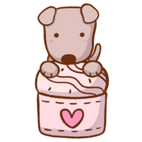 dibujos animados perro sentado en parte superior de un pastel con corazones png