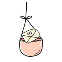 a pink cup with an envelope hanging from a string png