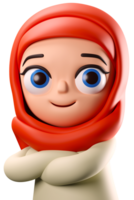 3D rendering muslim woman with hijab arms on chest cartoon character illustration png