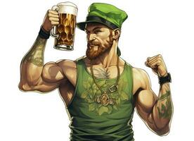 AI generated Cheers to St. Patrick's Day Man with Beer and Festive Hat on White Background photo