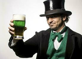 AI generated Cheers to St. Patrick's Day Man with Beer and Festive Hat on White Background photo