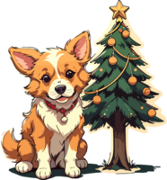 AI generated Happy Dog Sitting with Christmas Tree png