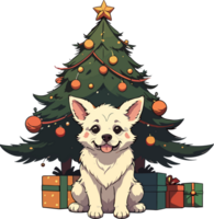 AI generated White Puppy Celebrate Cristmas with Christmas Tree and Gift Box png