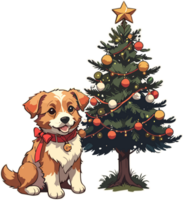 AI generated Cute Dog Sit with Christmas Tree png