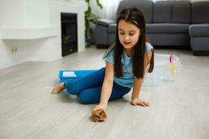 little girl holds a hamster, children and pets photo