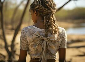 ai generado peinado trenzas hermosa bronceado mujer en un seda vestir con trenzado pelo y un marrón chaqueta posando en el bosque. belleza y moda. foto