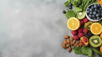 AI generated On a gray concrete background are a variety of healthy foods, including fruits, vegetables, seeds, superfoods, cereals, and leafy greens. photo