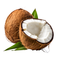 ai généré noix de coco avec moitié et feuilles isolé sur transparent Contexte png