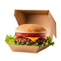 ai generado sabroso hamburguesa con queso en un caja aislado en transparente antecedentes png