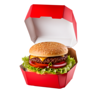 ai gegenereerd heerlijk Hamburger in een doos geïsoleerd Aan transparant achtergrond png