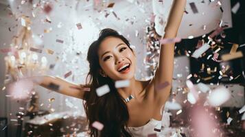 AI generated Glamorous close up portrait of a model at a party, in a party dress, with confetti and balloons. photo