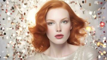 AI generated Glamorous close up portrait of a model at a party, in a party dress, with confetti and balloons. photo