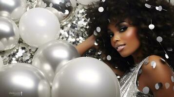 AI generated Glamorous close up portrait of a model at a party, in a party dress, with confetti and balloons. photo