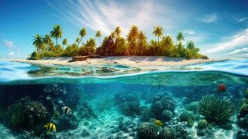 ai generado tropical isla en Oceano con coral arrecifes y pez. palma arboles playa vacaciones foto